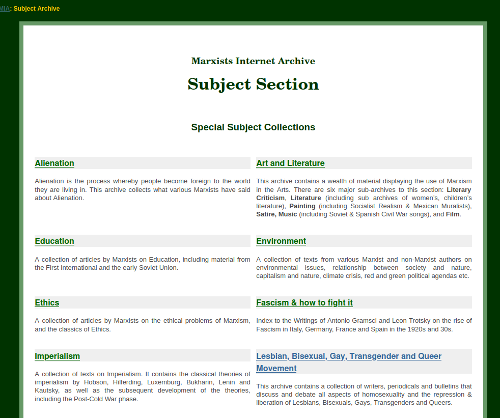Материалы на особые темы в английской секции архива.
